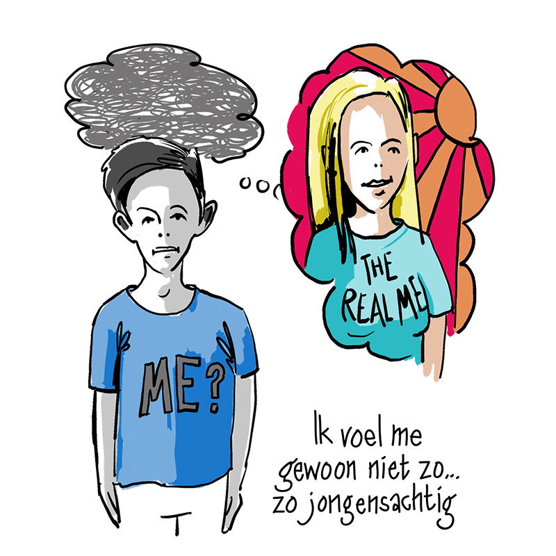Illustratie van een jongen met blauw shirt met de tekst "Me?" erop in het grijs. Hij heeft een donkere wolk boven zijn hoofd. Rechts van hem staat een gedachtenwolk met een blond meisje in de zon. Ze draagt een lichtblauw shirt met de tekst "the real me" in het zwart. Onder de gedachtenwolk staat in zwarte letters: Ik voel me gewoon niet zo jongensachtig.