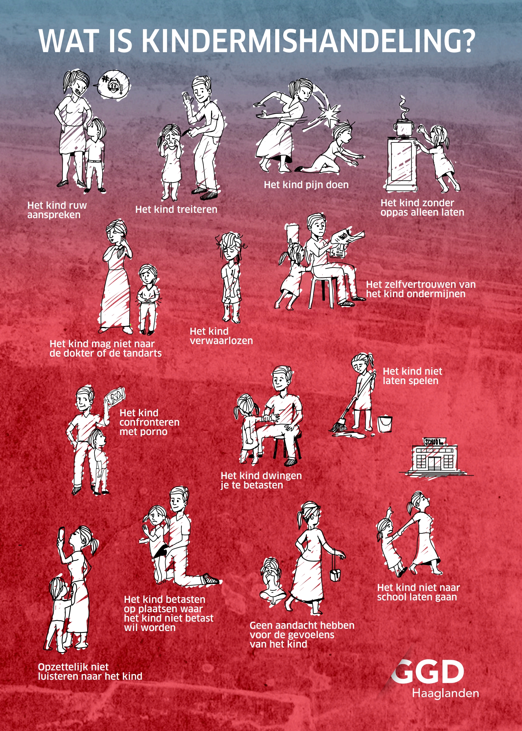 Poster van GGD Haaglanden over kindermishandeling met afbeeldingen op rode achtergrond die de verschillende vormen van kindermishandeling illustreren. Denk bijvoorbeeld aan verwaarlozen, pijn doen, betasten of treiteren.