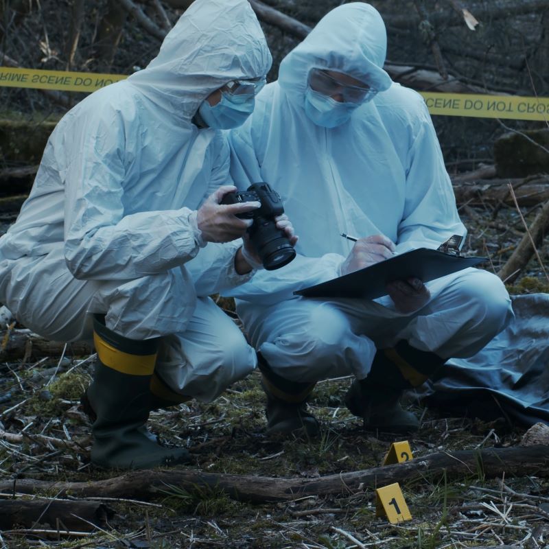 2 forensisch onderzoekers in witte pakken op de plaats delict.