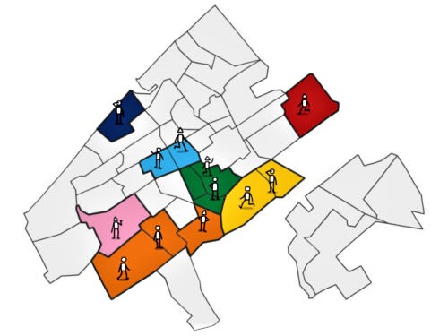 grafisch kaartje van de gemeente Den Haag met een aantal aandachtswijken in kleur