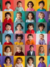 collage van foto's van jonge kinderen, elke met een eigen kleurige achtergrond